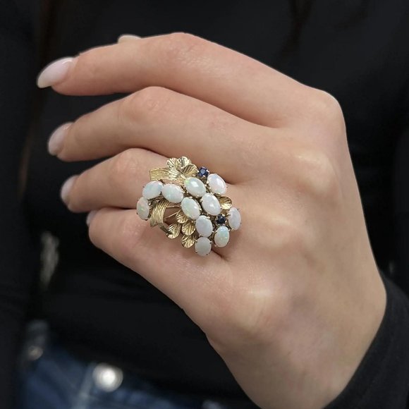 Estate Opal And Sapphire Cocktail Ring 14K Yellow Gold Size 7